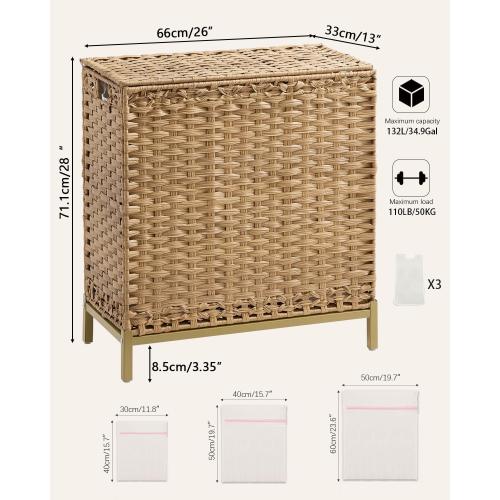 SETVSON Laundry Hamper with Lid 132 L, (35 Gallons) Clothes Hamper with Lid, Handwoven Rattan Laundry Hamper with Metal Heightened Feet, Laundry Hampers with 3 Removable Liner Bags for Laundry-Natural