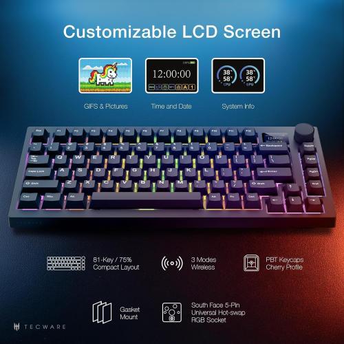 TECWARE Spectre 75% RGB Mechanical Gaming Keyboard with Customizable LCD Screen, Multi-Function Knob, Gasket Mount, 3 Mode Connectivity, South Face 5-Pin Universal Hot-Swappable Sockets (Ocean Gold)