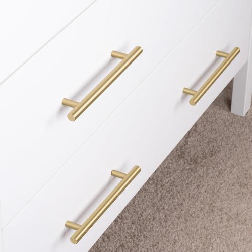 QOGRISUN 5-Pack Solid Brass Cabinet Pulls, Gold Euro Style T Bar Handles, 6-1/4-Inch Hole Center for Kitchen Drawer Dresser Cupboard, 8.7-Inch Total Length, Brushed Brass Finish
