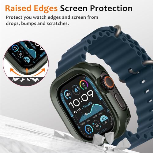 Amizee 2 in 1 Metal Rugged Case Compatible with Apple Watch Ultra 3/2/1 Case 49mm, Aluminum Shockproof Protective Bumper Cover for iWatch 49mm, Army Green
