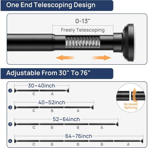 ENJOYBASICS Matte Black Shower Curtain Rod 30 to 76 Inches, 1 Inch Stainless Steel Adjustable Spring Tension Rods No Drill for Bathroom, Closet, Window, Room Divider, Never Rust, Non Slip