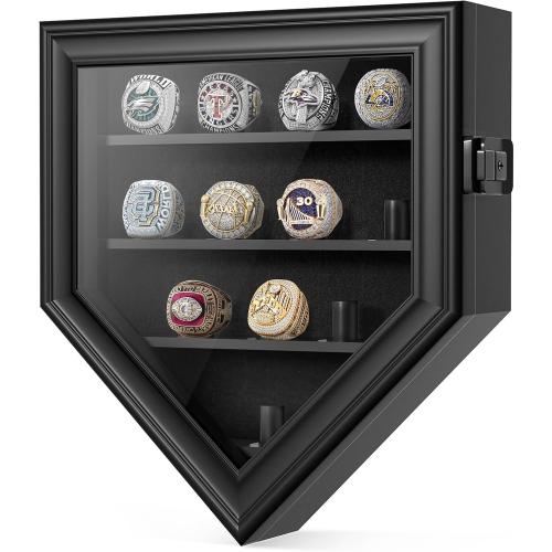 Championship Ring Display Case, 12 Posts Baseball Ring Holder, Lockable Wall Mount Wooden Shadow Box for Multiple Championship Rings