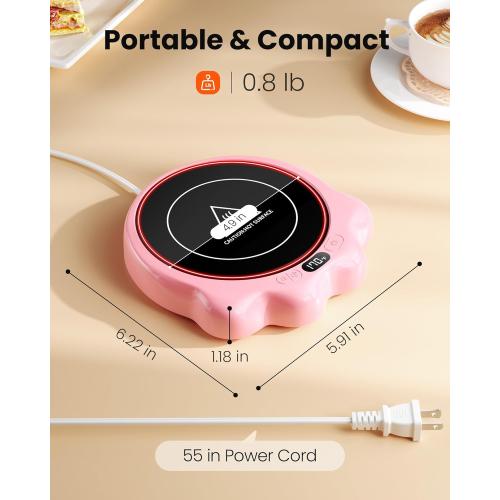 Gaiatop Mug Warmer, 50W Cute Cat Paw Cup Warmers, 3 Temp Settings, 2-10H Auto Shut Off, Coffee Accessories Keep Beverage Hot for Desk and Home, Heated Plate Stocking Stuffers for Tea Candle Pink