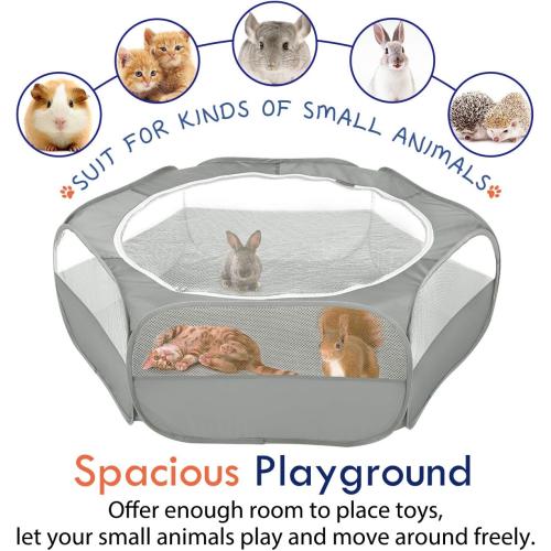 Pawaboo Small Animals Playpen, Waterproof Small Pet Cage Tent with Zippered Cover, Portable Outdoor Yard Fence with 3 Metal Rod for Chick/Kitten/Puppy/Guinea Pig/Rabbits/Hamster/Chinchillas,Light Gray
