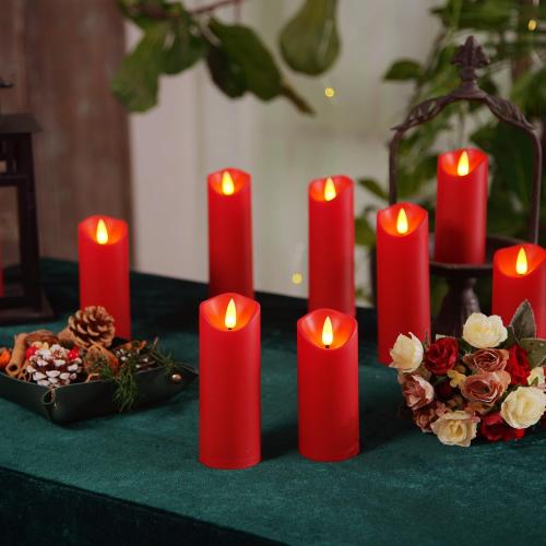 Homemory Christmas Flameless Candles, Battery Operated Candles with Remote Timers, Electric Fake Candles for Home, Christmas Decoration, Made of Plastic, Red/Burgundy, Set of 9