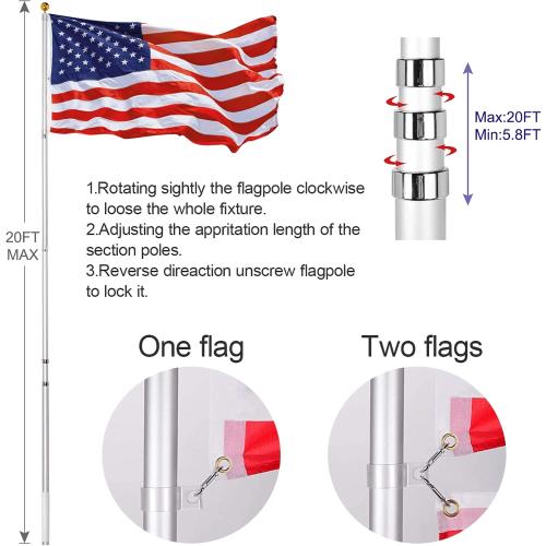 Panta 20FT Telescoping Flag Pole Kit, Extra Thick Heavy Duty 14 Gauge Telescopic Flagpole Fly 2 Flags, Outdoor Aluminum Inground Flag Poles with 3x5 American Flag for Residential, Yard or Commercial‼️light dirt‼️