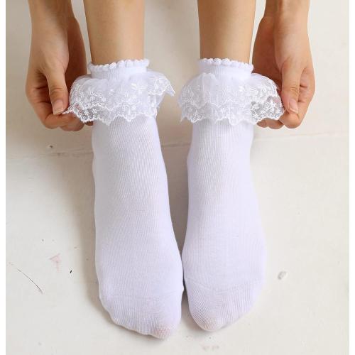 SRYL Women Ankle Socks, Lace Ruffle Frilly Cotton Trim Double Layer, Princess Dress Socks H08