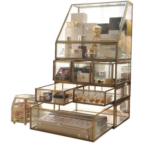 Vintage Makeup Organiser Clear Mirrored Brass Metal Case Spacious Cosmetic Storage for Makeup/Jewelry/Brushes/Perfumes/Skincare Glass Display Cabinets Dustproof Make Up Storage