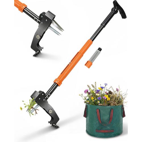 HAUSPROFI Stand Up Weed Puller Tool with 36-46 Inch Adjustable Long Handle and 50L Garden Bag, Heavy Duty 4-Claw Stainless Steel Weed Remover Tool with Automatic Rebound Design for Deep Roots