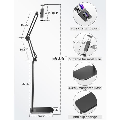 Tablet Floor Stand with 4.5LB Heavy Metal Base,Overhead Bed Phone Stand Angle Height Adjustable Holder, Universal Phone Mount for iPad iPhone Pro Air Mini, Samsung Tab, Kindle, E-Readers...