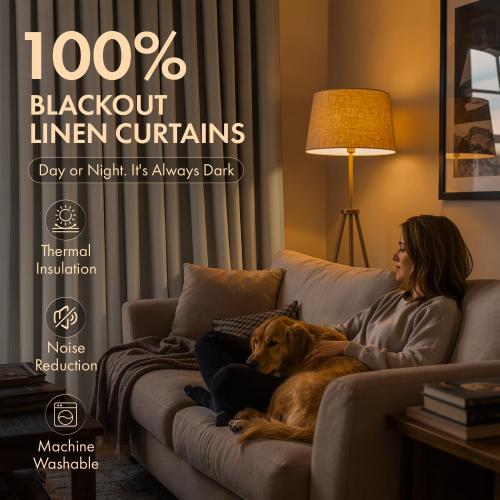 MIULEE Pinch Pleated Blackout Linen Curtains Natural 2 Panels 50 Wx102 L