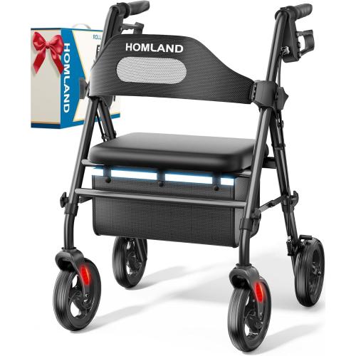 HOMLAND Foldable Rollator Walkers with Seat for Seniors, 8'' Big Wheels, 350 lb. Weight Capacity, Adjustable Handles and Seat Height, Lightweight Rolling Walker,‼️maroon and black‼️