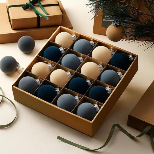 15 Pcs Velvet Christmas Ornaments 2.36 Inch Neutral Shatterproof Plastic Velvet Balls Flocked Ornaments for Christmas Tree Hanging Decorations(Beige, Gray, Dark Blue)
