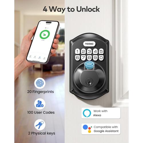 TEEHO TE012W WiFi Smart Lock, Fingerprint Door Lock with Built-in Wi-Fi, Keyless Entry Keypad Smart Deadbolt, App Remote Control, Alexa Compatible, IP55 Waterproof for Front Door – Matte Black