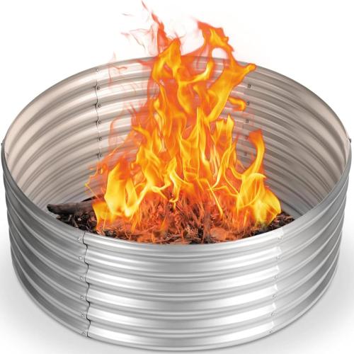 Silver 48 inch Fire Pit Ring, 4FT Galvanized Fire Ring, Wood Burning Fire Pits Ring, Outdoor Fireplace Height 18 Inch, Round Camp Fire Ring, Bonfire Pit for Camping, Backyard (4x4x1.5FT)