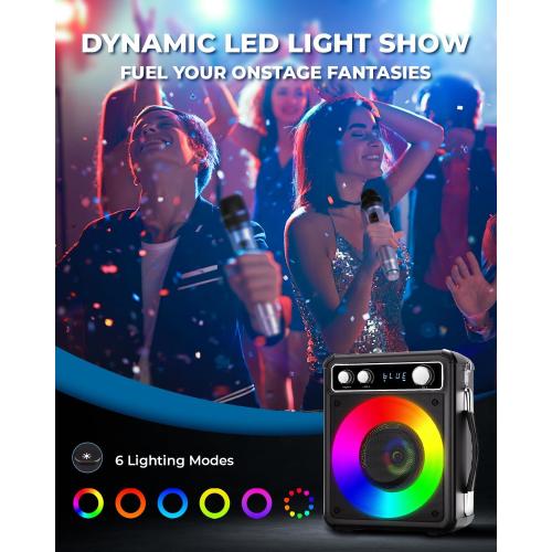 Karaoke Machine, Portable Bluetooth Karaoke Speaker with 2 Wireless Microphones, PA System for Adults Kids with LED Lights, Supports FM/AUX/USB/TF for Home Party