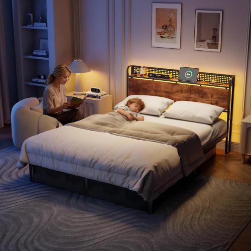 Furnulem Queen Size Bed Frame with Headboard Storage, Platform Bed Frame Queen Size with 2 Drawers, Charging Station and LED Lights, No Box Spring Needed, Noise Free, Easy Assembly (1200 lbs Capacity)