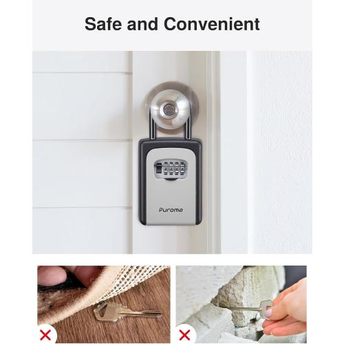 Puroma Lock Box, Large Key Lock Box Resettable Combination Code Lockbox, Portable Wall Mount Lockbox Security Safe Box for Outside Outdoor Home Office Door Handle House Key, Gray (1 Pack)
