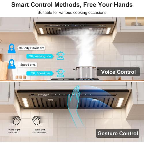 BRANO Range Hood Insert 30 Inch, 900 CFM Voice/Gesture/Touch Control Build-in Kitchen Hood Vent with 4 Speed Exhaust Fan, Memory Mode, Adjustable Lights, Ducted/Ductless Convertible