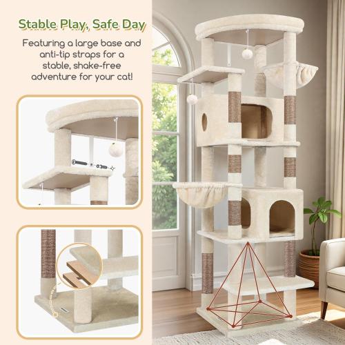 Globlazer Heavy Duty Cat Tree, 74in Sturdy Cat Tower for Large Cats Adult, Big Cat Tree with 7 Sisal Scratching Posts, 2 Padded Condos, 2 Dual-Ear Hanging Baskets, Enlarged Top Perch, S74, Beige