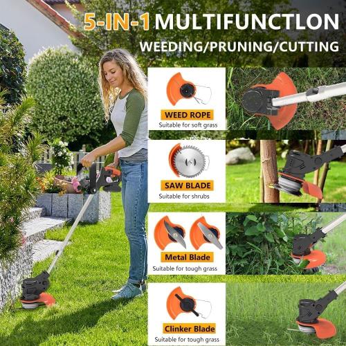 Electric Weed Wacker Cordless, 21V Weed Cordless Eater with 2X 4.0Ah Battery Powered, Cordless Weed Wacker 5 Types of Cutting Blades, Brush Cutter for Lawn Yard Garden.