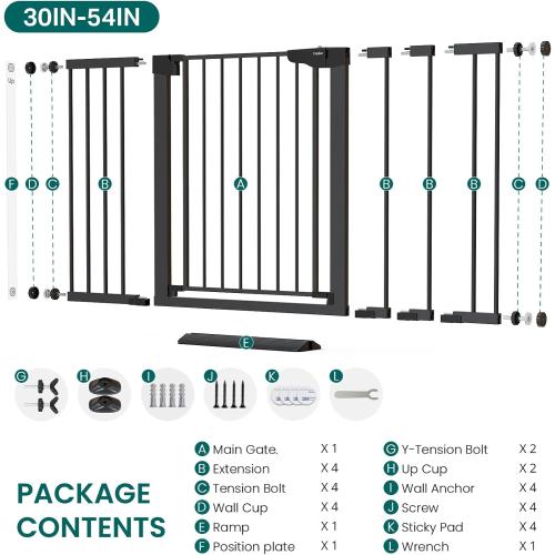 Cumbor 30-54 Extra Wide Baby Gate for Stairs, Dual Lock & Self-Closing Dog Gate Indoor, Easy Install Pet Gate for Doorways, Hallways & Kitchen, Easy Walk Thru Safety Proofing for Babies & Pets, Black