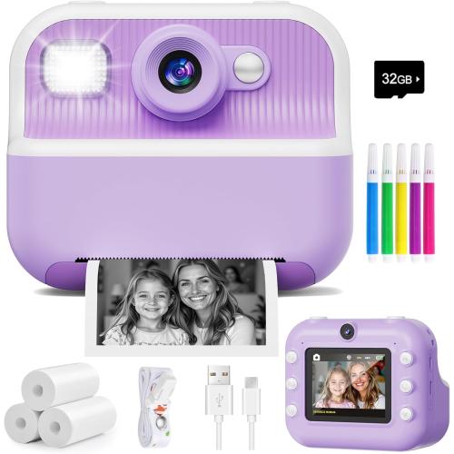 Instant Camera, Front Rear Dual Selfie Kids Camera with 1080P Videos, Holiday Birthday Gifts for Kids Age 3-12, Toddler Portable Travel Print Digital Camera Toy for 4 5 6 7 8 9 Year Boys Girls