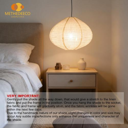METHEDEECO 1PCS Hanging Fabric Lamp Shade 16inch,Handmade Linen Pendant Light Shade Handmade Minimalist White Beige foldable Hanging Lanterns for bedroom Living Room kitchen,house gift