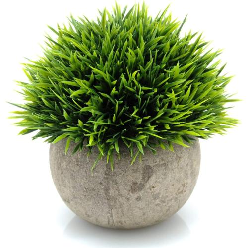 Velener Mini Plastic Fake Green Grass Plant with Pot, Topiary Ball, Small Fake Plant, Round Paper-Mache Pot for Indoor Office, Kitchen, Bathroom and Living Room Decor