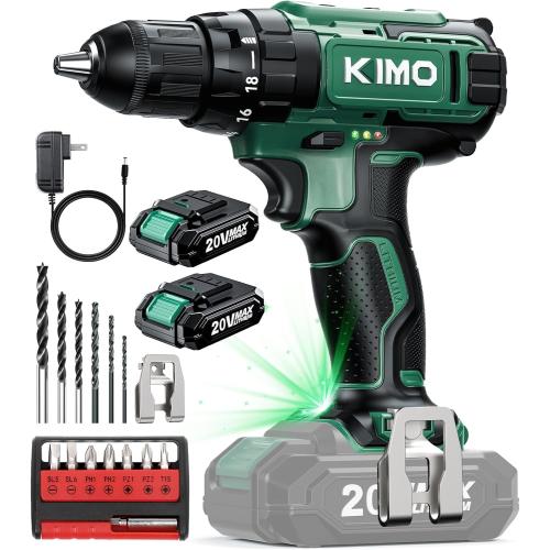 KIMO 20V Cordless Drill Set with 2 Packs 2.0Ah Battery, Max 350 In-lb Torque, 1350 RPM, 3/8 Keyless Chuck, 18 2 Clutch Setting, 18pcs Accessories, Power Drill for Drilling Wood Bricks Walls Metal