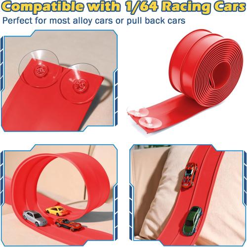Upgrade Flexible Race Track for Kids 3 , Flexible Car Track 15Ft Race Track Compatible with Diecast 1/64th Cars, Roll Up Car Ramp Toy with Strong Suction Cups