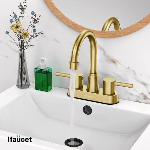 Gold Bathroom Faucet, Brushed Gold Bathroom Faucet, Gold Faucets for Bathroom Vanity, 4 Inch 2 Handle Centerset, Lead-Free, with Copper Pop Up Drain (Brushed Gold)