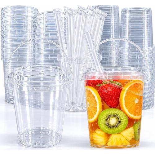 30 Sets 34 oz Drink Buckets with Lids and Straws, Reusable Clear Plastic Party Cups Disposable iced Coffee Cups with lids ,for Iced Smoothies, Milkshakes, lids for Lemonade, Pool and Beach Parties