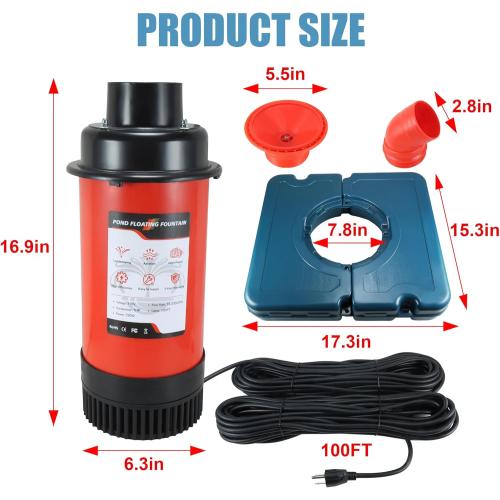 Pond Fountain Aerator, F1-4 1HP 750W 110V PowerfuI Floating Pond Fountain Pump With 100 FT Power Cord, Outdoor Pond Aerating Fountains Cascade Pump for Small Large Ponds Lake Pond Jet System