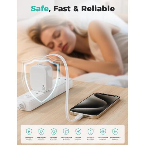 2-in-1 Retractable Wall Charger Plug with USB C Port and 27in/70cm Type C Cable,Travel Essentials 30W Fast Charging Foldable Block for iPhone 17/16/15,iPad,Galaxy,Pixel-White