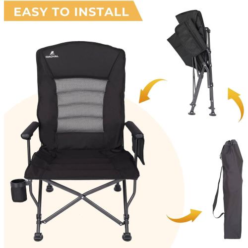 Camping Chairs for Adults, Adjustable Backrest Heavy Duty Oversized Folding Camping Chair Supports 350lbs for Outside with Cup Holder&Side Pocket, Outdoor Folding Camp Chair with High Back (Black)