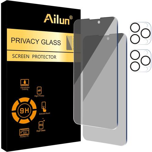 Ailun 2Pack Privacy Screen Protector Compatible for iPhone 14 Pro Max [6.7 inch]   2 Pack Camera Lens Protector, Anti Spy Private Tempered Glass Film, Case Friendly, [9H Hardness] - HD