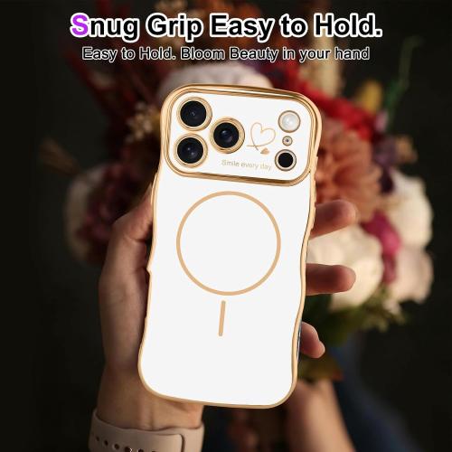 Fiyart Designed for iPhone 17 Pro Max Case 2025, Cute Wave Frame Curly Shape Love Hearts Plating for Women Girls Camera Protection Compatible with MagSafe Magnetic Shockproof Bumper 6.9-White