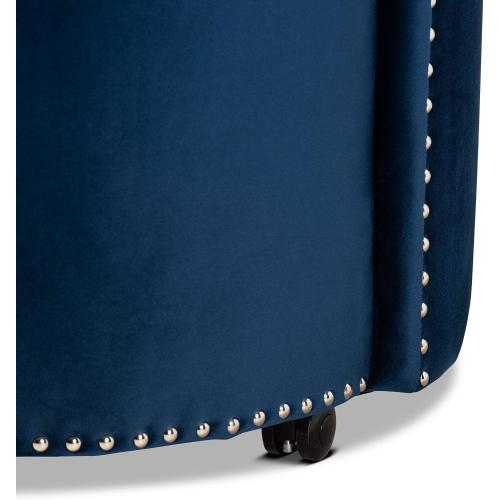 Baxton Studio Bethel Glam and Luxe Navy Blue Velvet Fabric Upholstered Rolling Accent Chair  ( the  polyurethane wheels is broken see the pictures)