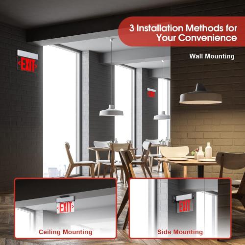 Red Led Edge Lit Exit Sign UL Listed, Brushed Aluminum Housing Double-Sides Mirrored Acrylic Emergency Exit Signs with Battery Backup, AC 120-347V Hardwired Exit Lights, Top/Side/Wall Mount (1 Pack)