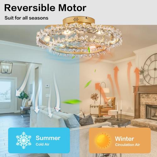 20 Boho Chandelier Ceiling Fan with Light Modern Flower Fandelier | for Girl's room Bedroom Living Room,Bladeless Caged Ceiling Fans with Lights and Remote,Frence Shabby Chic,Crystal Flowers