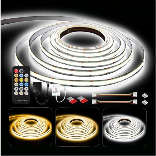 DAYBETTER COB LED Strip Lights, Tunable White(2700K-6500K) COB LED Lights with 3040 LEDs, 24V Adapter, RF Remote, Dimmable High Density Uniform LED Strip for Bedroom, Kitchen, Cabinet, CRI90 , 16.4ft