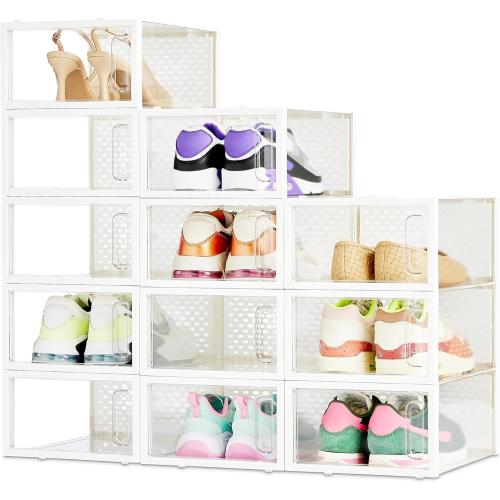 Amazon Basics Stackable and Foldable Clear Shoe Storage Organizer Box, Small, 12-Pack