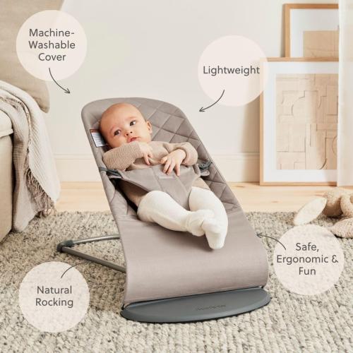 BabyBjörn Bouncer Bliss, Sand Gray, Woven, Classic Quilt | 2-in-1 Adjustable Baby Bouncer Seat and Toddler Chair, Newborn to Toddler (8-29 lbs), 4 Positions, Lightweight & Portable