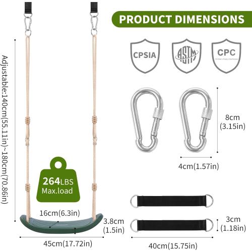Weatherproof Swing Seat Heavy Duty with 70 Rope Support 264lb | Playground Swing Set Replacement for Kid Outdoor Backyard, Non-Slip & Ergonomic, Straps & Carabiners, Adjustable Rope, Green