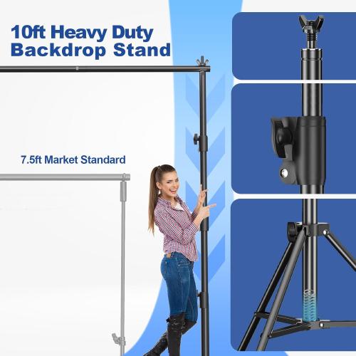 Size 10x10 Photo Video Studio 10 x 10ft Heavy Duty Backdrop Stand, Adjustable Photography Background Support System Kit with Shock-Proof Spring, Carrying Bag, 6 Clamps