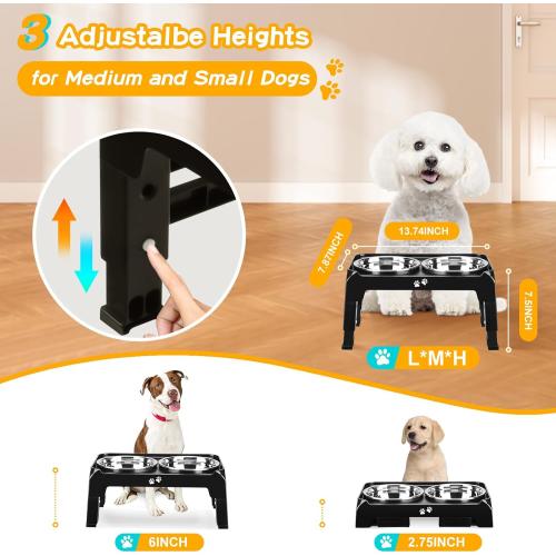 COMESOON Elevated Dog Bowls for Small Medium Dogs, 3 Height Adjustable Raised Stand with 2 Thick 6 Stainless Steel Food Bowls, Non-Slip Feeder Adjusts to 2.75, 6, 7.5, Black