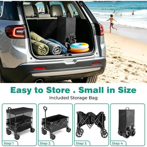 SUNNYFEEL Foldable Wagon Cart with Canopy - 445L Extra Large | 440 LBS Heavy Duty Utility Cart with All-Terrain Wheels, 3-in-1 Portable Wagon for Garden, Grocery, Camping, Beach, Shopping