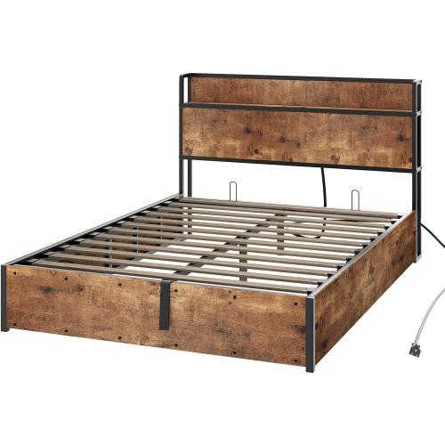 Size Queen Color brown Size Lift Up Storage Bed Frame, Wooden Platform Bed Frame with Lifting Storage & Charging Station, No Spring Box Needed/Noise Free, Rustic Brown