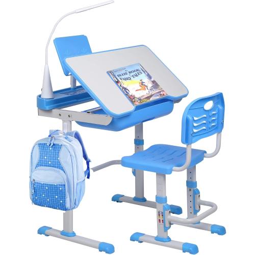Kids Desk and Chair Set, Height Adjustable Child's School Study Writing Tables with Tilt Desktop, LED Light, Storage Drawer, Book Stand (Blue)